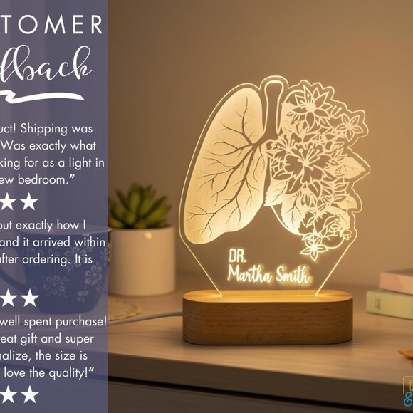 Floral Lung Custom Night Light • Doctor Lamp • Pulmonologist Gift - Picture 7 of 8